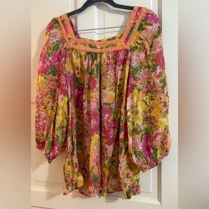 LC Lauren Conrad Women’s Pink and Yellow Floral Blouse Sz L